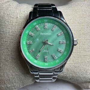 Armitron Watch Women Silver Tone Green Dial Stainless Steel 32MM New Battery